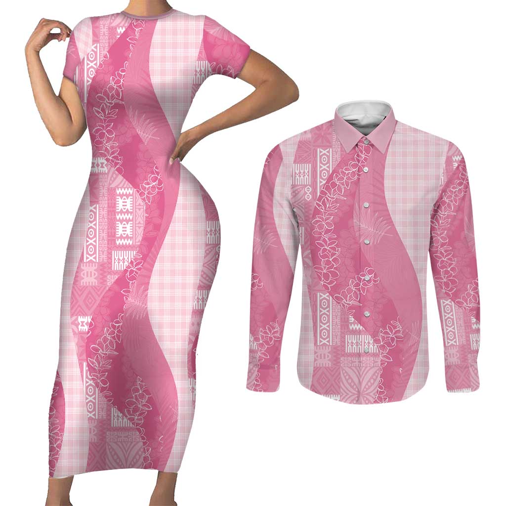 Polynesian Tribal Pattern Patchwork Picturesque Couples Matching Short Sleeve Bodycon Dress and Long Sleeve Button Shirt Rose Pink LT7 Rose Pink - Polynesian Pride