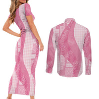 Polynesian Tribal Pattern Patchwork Picturesque Couples Matching Short Sleeve Bodycon Dress and Long Sleeve Button Shirt Rose Pink LT7 - Polynesian Pride