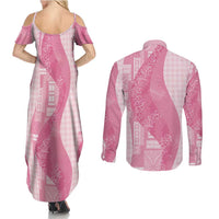 Polynesian Tribal Pattern Patchwork Picturesque Couples Matching Summer Maxi Dress and Long Sleeve Button Shirt Rose Pink LT7 - Polynesian Pride