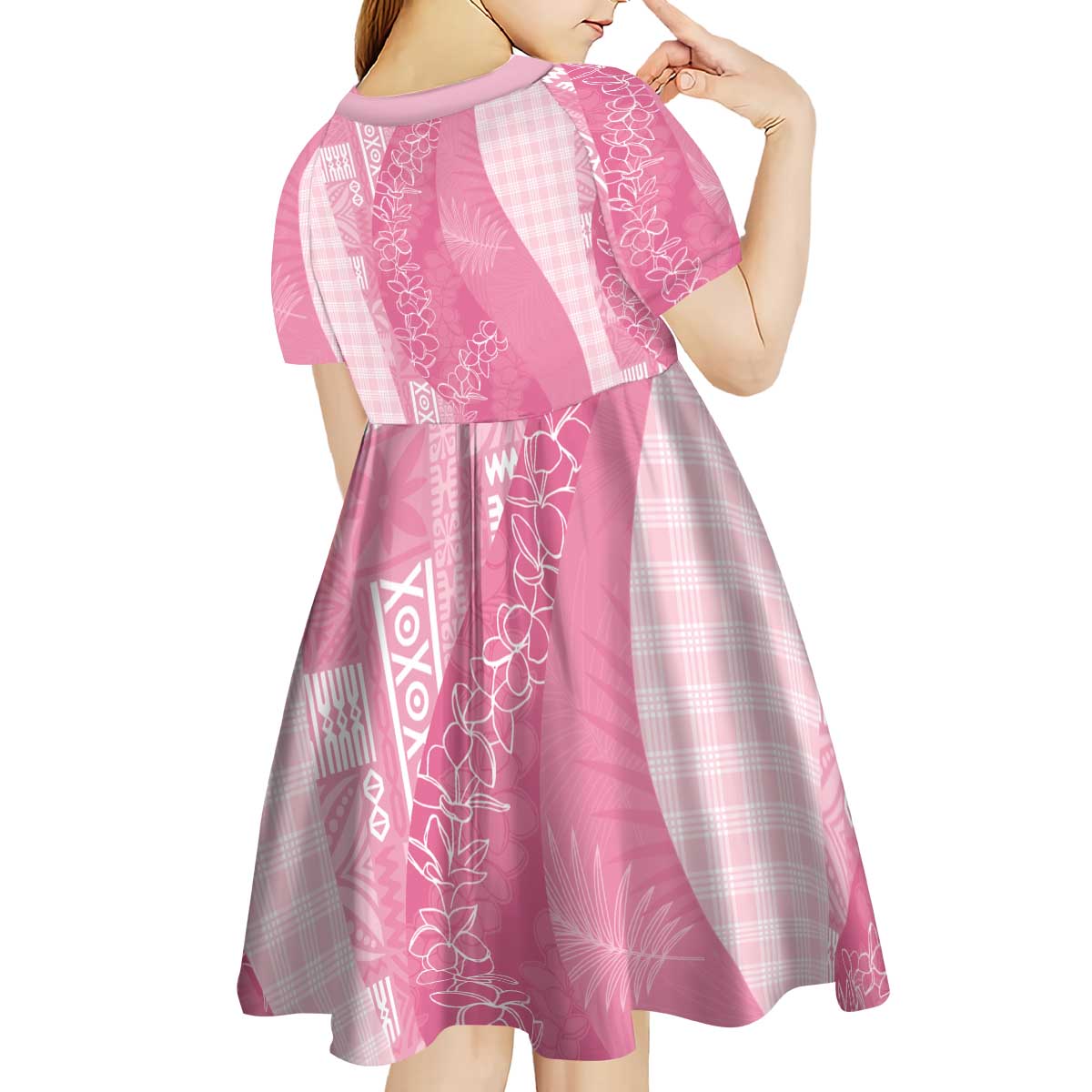 Polynesian Tribal Pattern Patchwork Picturesque Kid Short Sleeve Dress Rose Pink LT7 - Polynesian Pride