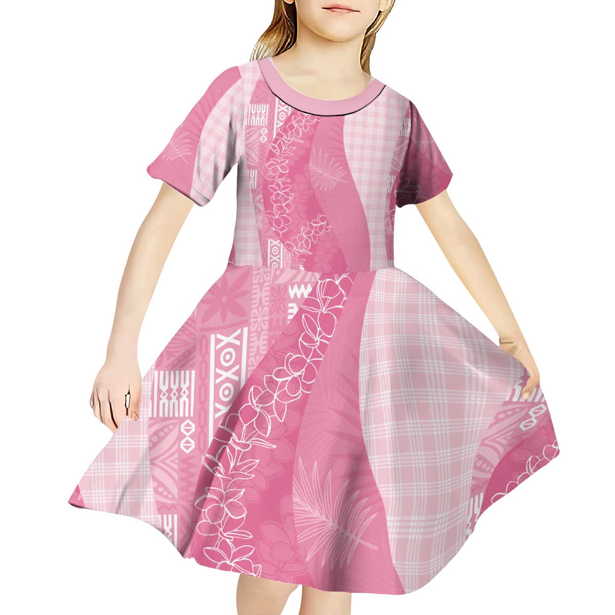 Polynesian Tribal Pattern Patchwork Picturesque Kid Short Sleeve Dress Rose Pink LT7 - Polynesian Pride