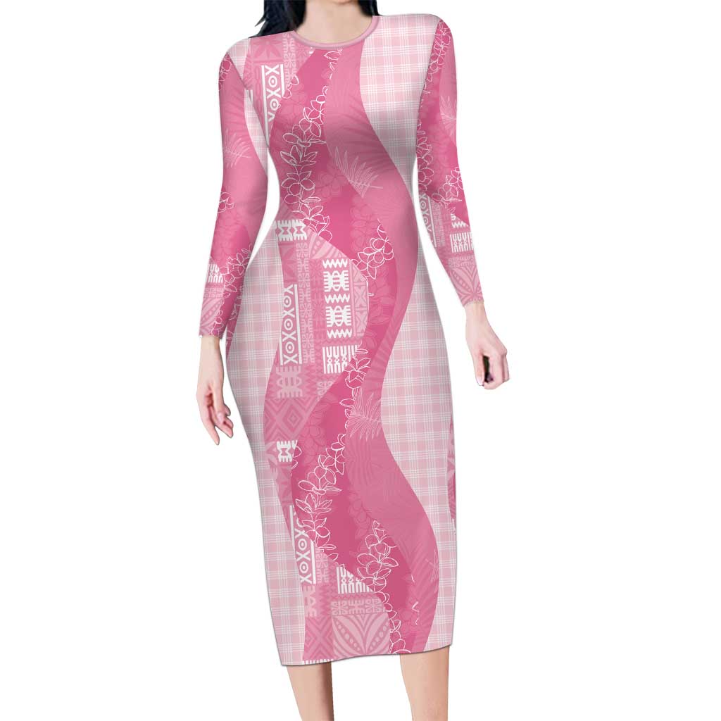 Polynesian Tribal Pattern Patchwork Picturesque Long Sleeve Bodycon Dress Rose Pink LT7 Long Dress Rose Pink - Polynesian Pride