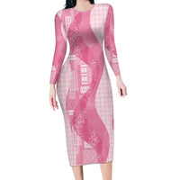 Polynesian Tribal Pattern Patchwork Picturesque Long Sleeve Bodycon Dress Rose Pink LT7 Long Dress Rose Pink - Polynesian Pride