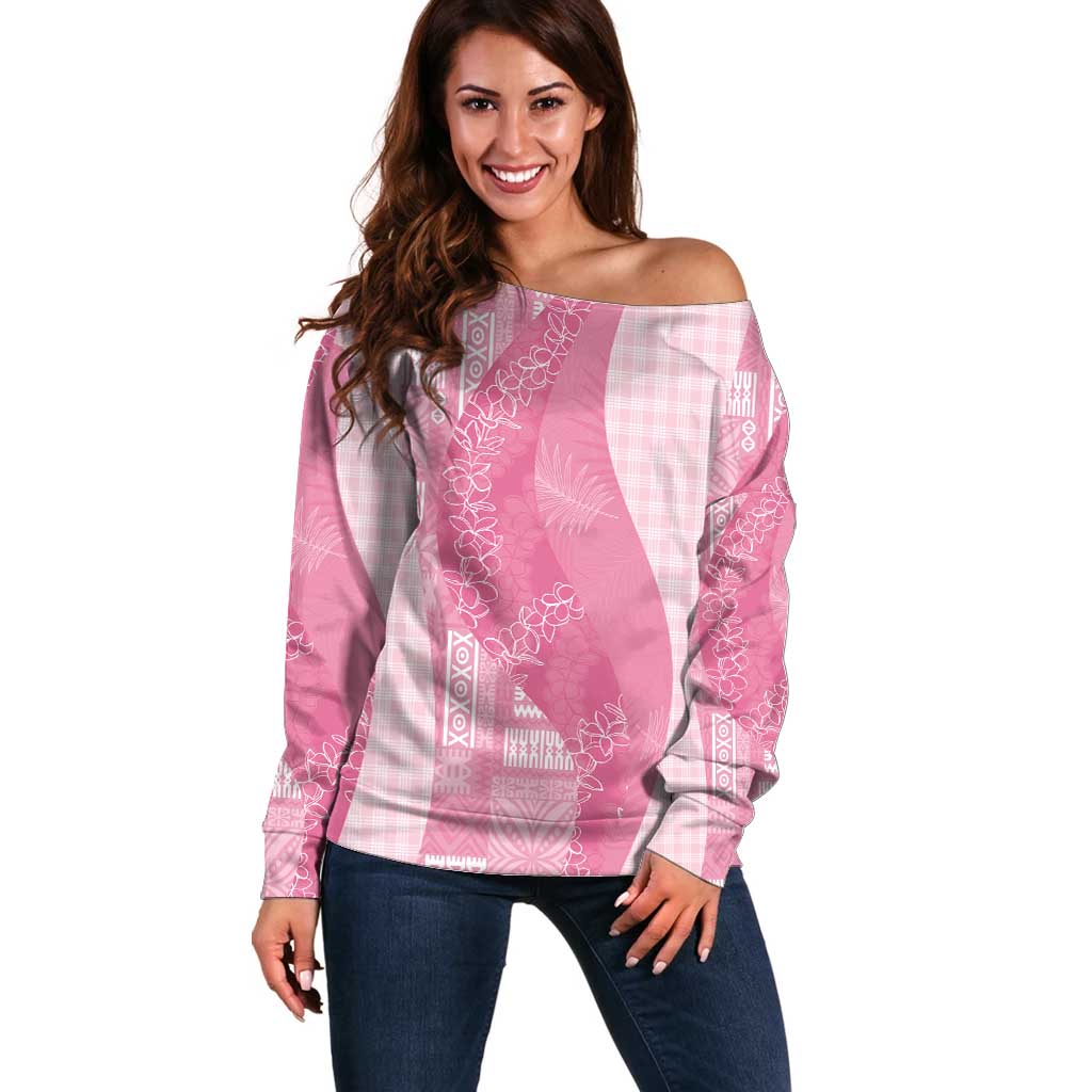 Polynesian Tribal Pattern Patchwork Picturesque Off Shoulder Sweater Rose Pink LT7 Women Rose Pink - Polynesian Pride
