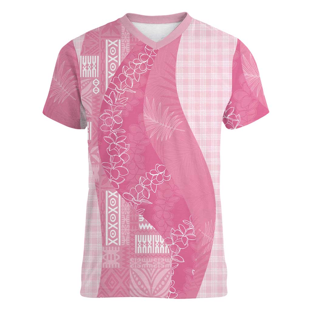 Polynesian Tribal Pattern Patchwork Picturesque Women V-Neck T-Shirt Rose Pink LT7 Female Rose Pink - Polynesian Pride