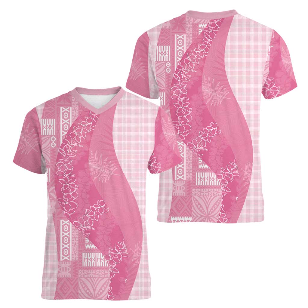 Polynesian Tribal Pattern Patchwork Picturesque Women V-Neck T-Shirt Rose Pink LT7 - Polynesian Pride