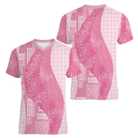Polynesian Tribal Pattern Patchwork Picturesque Women V-Neck T-Shirt Rose Pink LT7 - Polynesian Pride