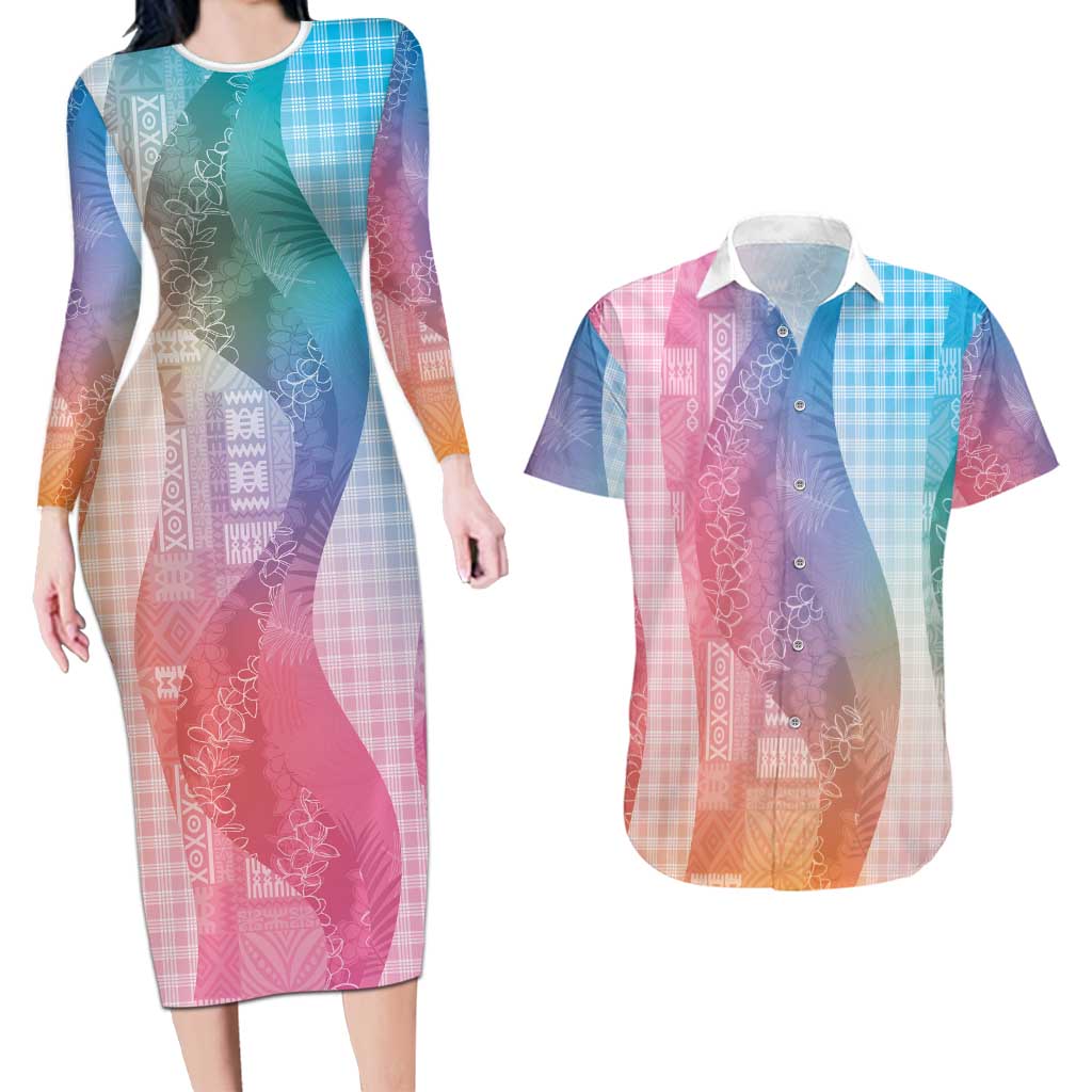 Polynesian Tribal Pattern Patchwork Picturesque Couples Matching Long Sleeve Bodycon Dress and Hawaiian Shirt Holographic LT7 Holographic - Polynesian Pride