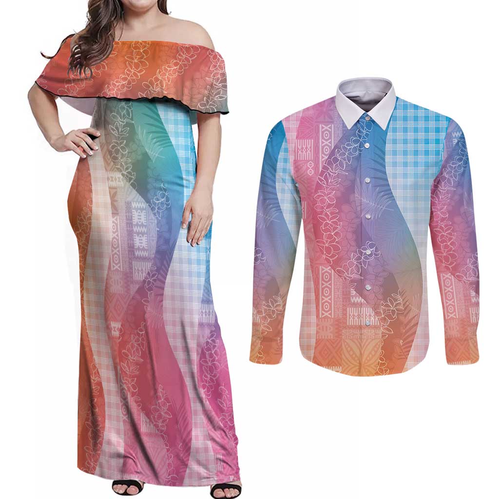 Polynesian Tribal Pattern Patchwork Picturesque Couples Matching Off Shoulder Maxi Dress and Long Sleeve Button Shirt Holographic LT7 Holographic - Polynesian Pride