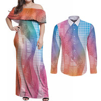 Polynesian Tribal Pattern Patchwork Picturesque Couples Matching Off Shoulder Maxi Dress and Long Sleeve Button Shirt Holographic LT7 Holographic - Polynesian Pride