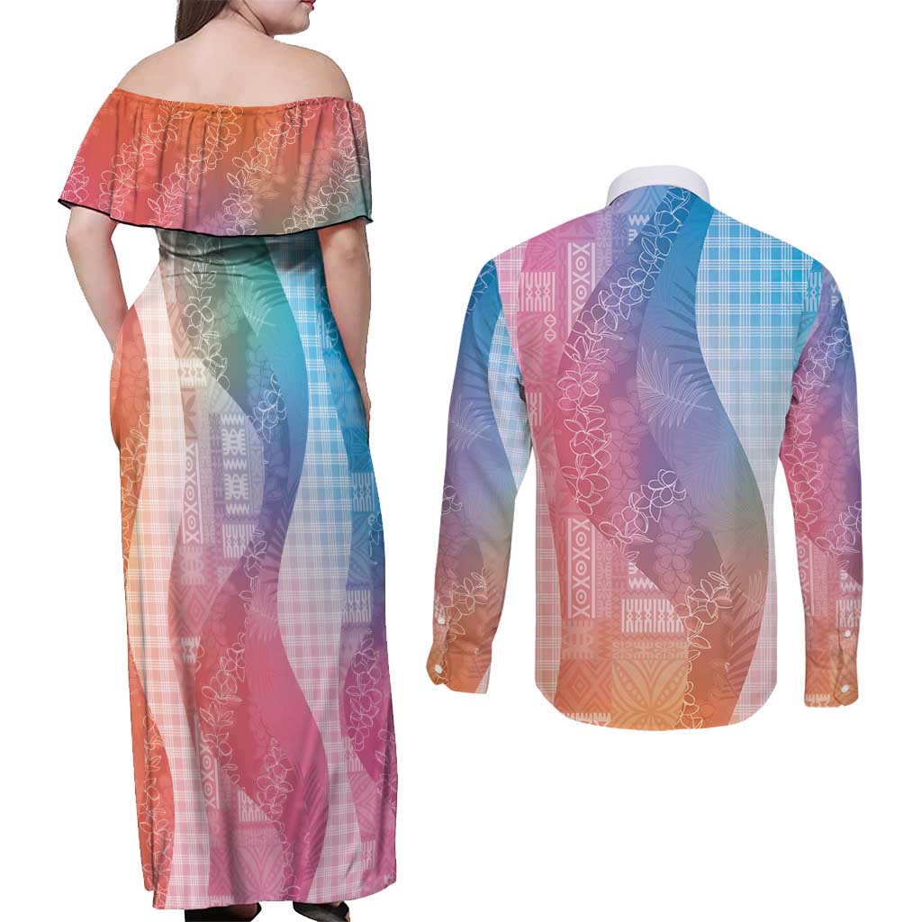 Polynesian Tribal Pattern Patchwork Picturesque Couples Matching Off Shoulder Maxi Dress and Long Sleeve Button Shirt Holographic LT7 - Polynesian Pride