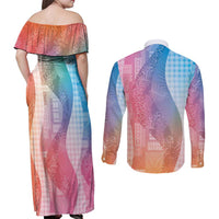 Polynesian Tribal Pattern Patchwork Picturesque Couples Matching Off Shoulder Maxi Dress and Long Sleeve Button Shirt Holographic LT7 - Polynesian Pride