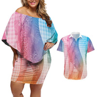 Polynesian Tribal Pattern Patchwork Picturesque Couples Matching Off Shoulder Short Dress and Hawaiian Shirt Holographic LT7 Holographic - Polynesian Pride