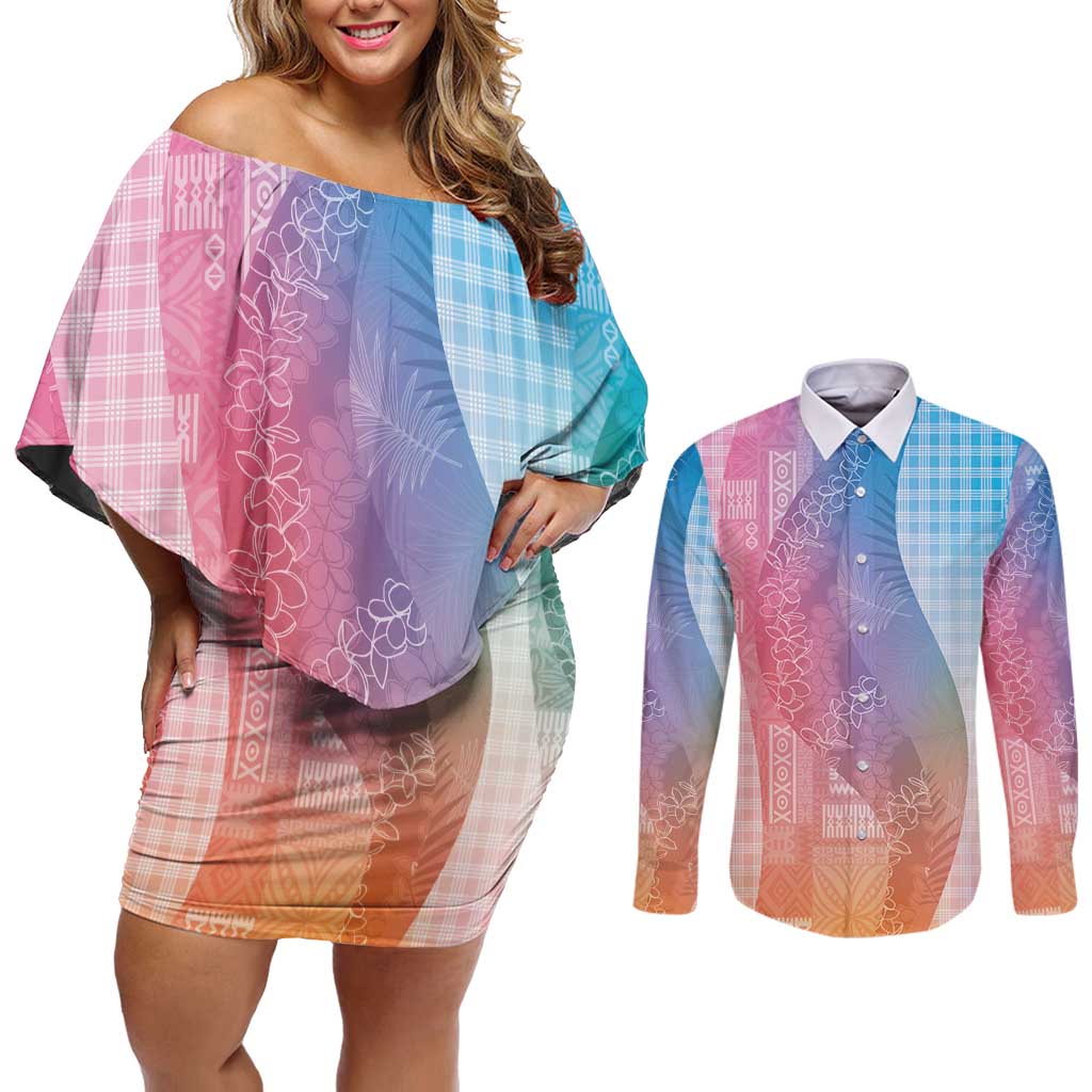 Polynesian Tribal Pattern Patchwork Picturesque Couples Matching Off Shoulder Short Dress and Long Sleeve Button Shirt Holographic