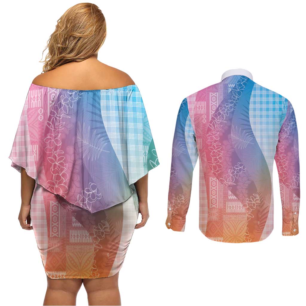 Polynesian Tribal Pattern Patchwork Picturesque Couples Matching Off Shoulder Short Dress and Long Sleeve Button Shirt Holographic