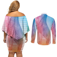 Polynesian Tribal Pattern Patchwork Picturesque Couples Matching Off Shoulder Short Dress and Long Sleeve Button Shirt Holographic