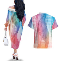 Polynesian Tribal Pattern Patchwork Picturesque Couples Matching Off The Shoulder Long Sleeve Dress and Hawaiian Shirt Holographic LT7 - Polynesian Pride