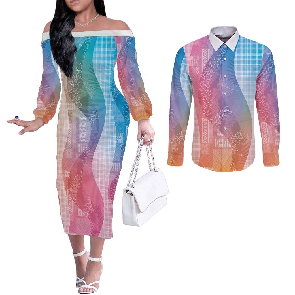 Polynesian Tribal Pattern Patchwork Picturesque Couples Matching Off The Shoulder Long Sleeve Dress and Long Sleeve Button Shirt Holographic LT7 Holographic - Polynesian Pride