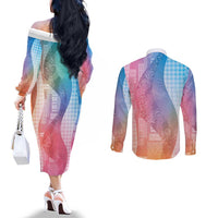 Polynesian Tribal Pattern Patchwork Picturesque Couples Matching Off The Shoulder Long Sleeve Dress and Long Sleeve Button Shirt Holographic LT7 - Polynesian Pride