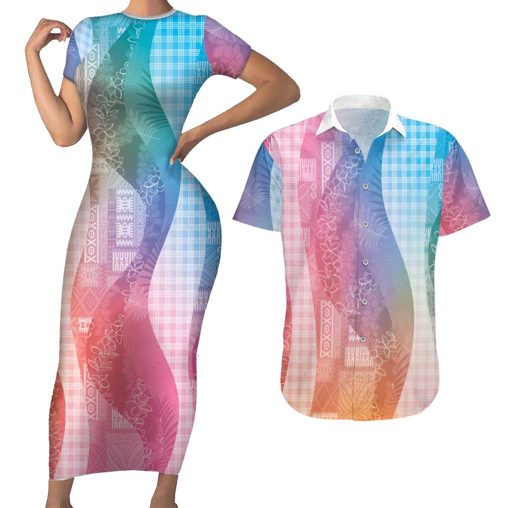 Polynesian Tribal Pattern Patchwork Picturesque Couples Matching Short Sleeve Bodycon Dress and Hawaiian Shirt Holographic LT7 Holographic - Polynesian Pride