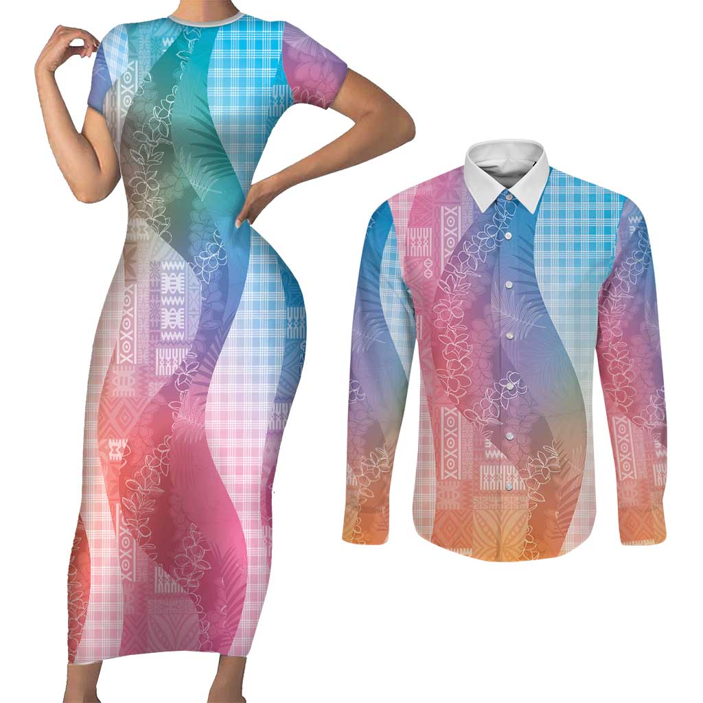 Polynesian Tribal Pattern Patchwork Picturesque Couples Matching Short Sleeve Bodycon Dress and Long Sleeve Button Shirt Holographic LT7 Holographic - Polynesian Pride