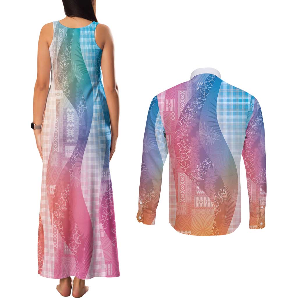 Polynesian Tribal Pattern Patchwork Picturesque Couples Matching Tank Maxi Dress and Long Sleeve Button Shirt Holographic LT7 - Polynesian Pride
