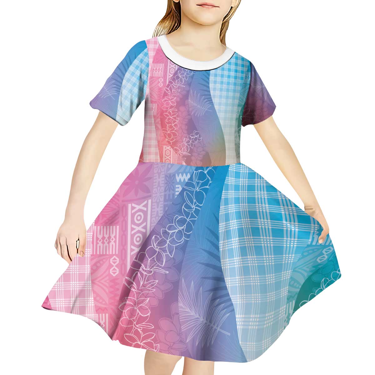 Polynesian Tribal Pattern Patchwork Picturesque Kid Short Sleeve Dress Holographic LT7 - Polynesian Pride
