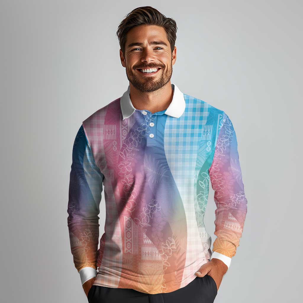 Polynesian Tribal Pattern Patchwork Picturesque Long Sleeve Polo Shirt Holographic LT7 - Polynesian Pride