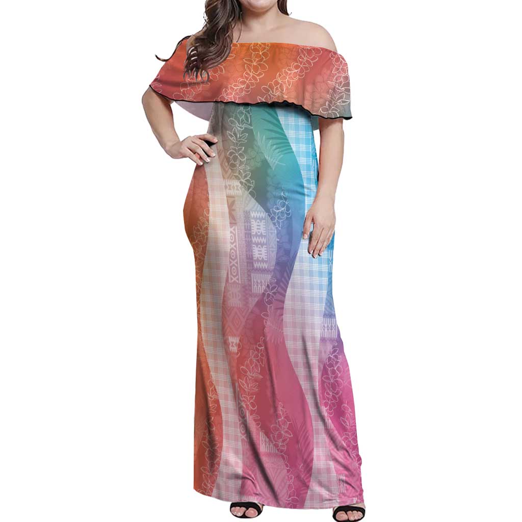 Polynesian Tribal Pattern Patchwork Picturesque Off Shoulder Maxi Dress Holographic LT7 Women Holographic - Polynesian Pride
