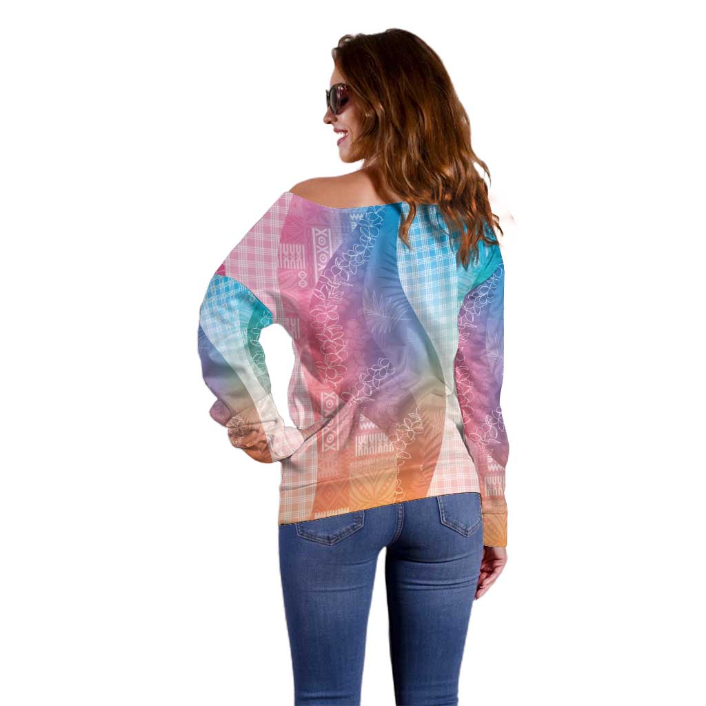 Polynesian Tribal Pattern Patchwork Picturesque Off Shoulder Sweater Holographic LT7 - Polynesian Pride