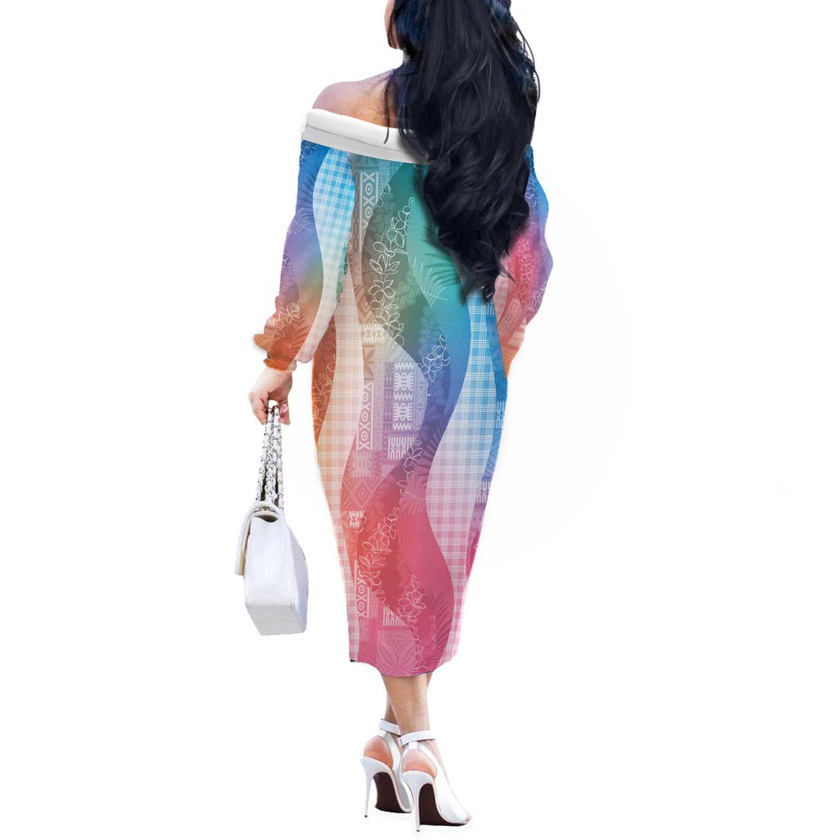 Polynesian Tribal Pattern Patchwork Picturesque Off The Shoulder Long Sleeve Dress Holographic LT7 - Polynesian Pride