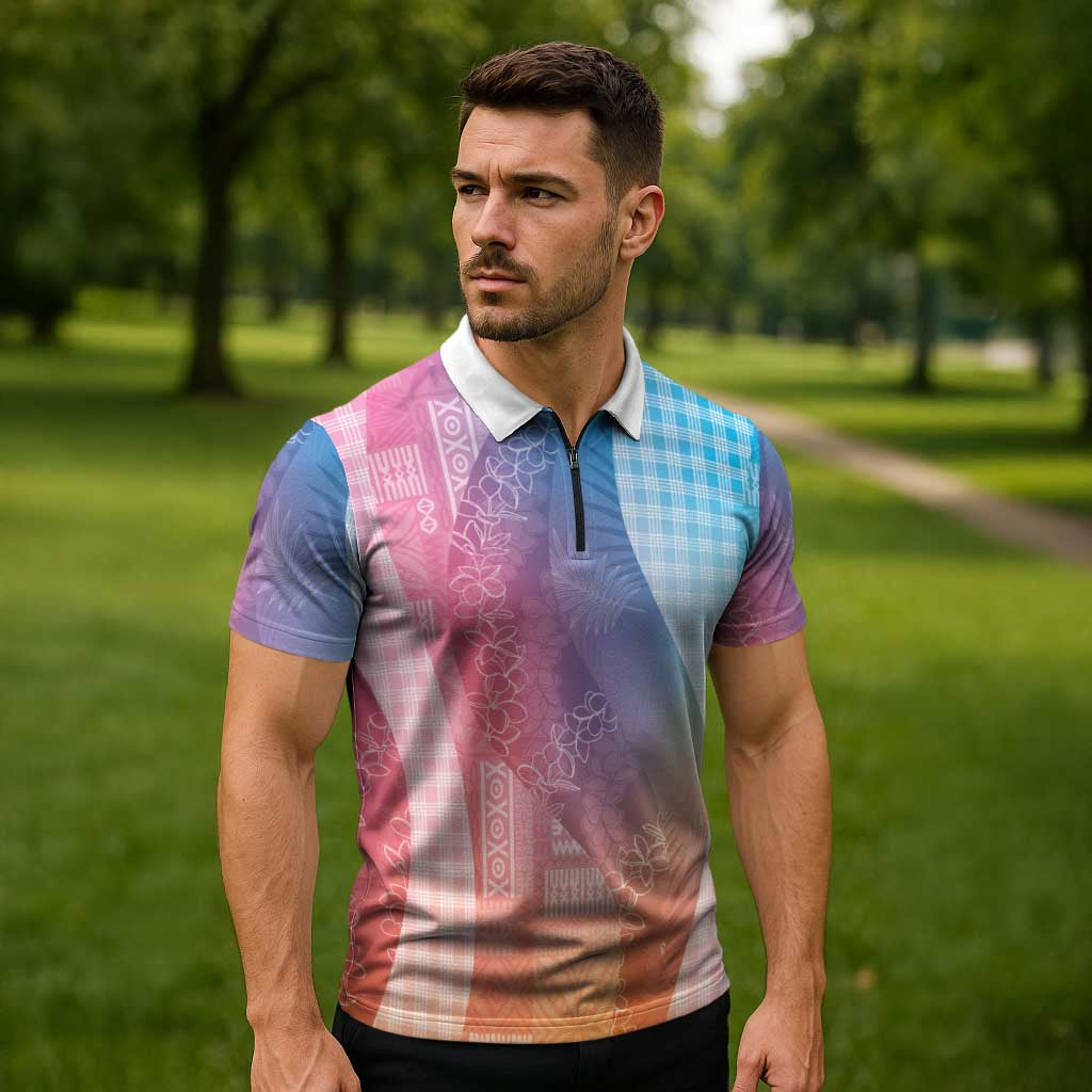 Polynesian Tribal Pattern Patchwork Picturesque Zipper Polo Shirt Holographic LT7 - Polynesian Pride