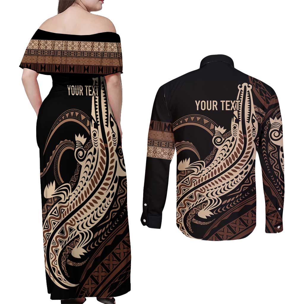 Personalized Solomon Islands Crocodile Couples Matching Off Shoulder Maxi Dress and Long Sleeve Button Shirt Hapi Isles - Independence Anniversary