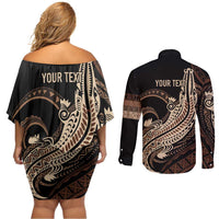 Personalized Solomon Islands Crocodile Couples Matching Off Shoulder Short Dress and Long Sleeve Button Shirt Hapi Isles - Independence Anniversary