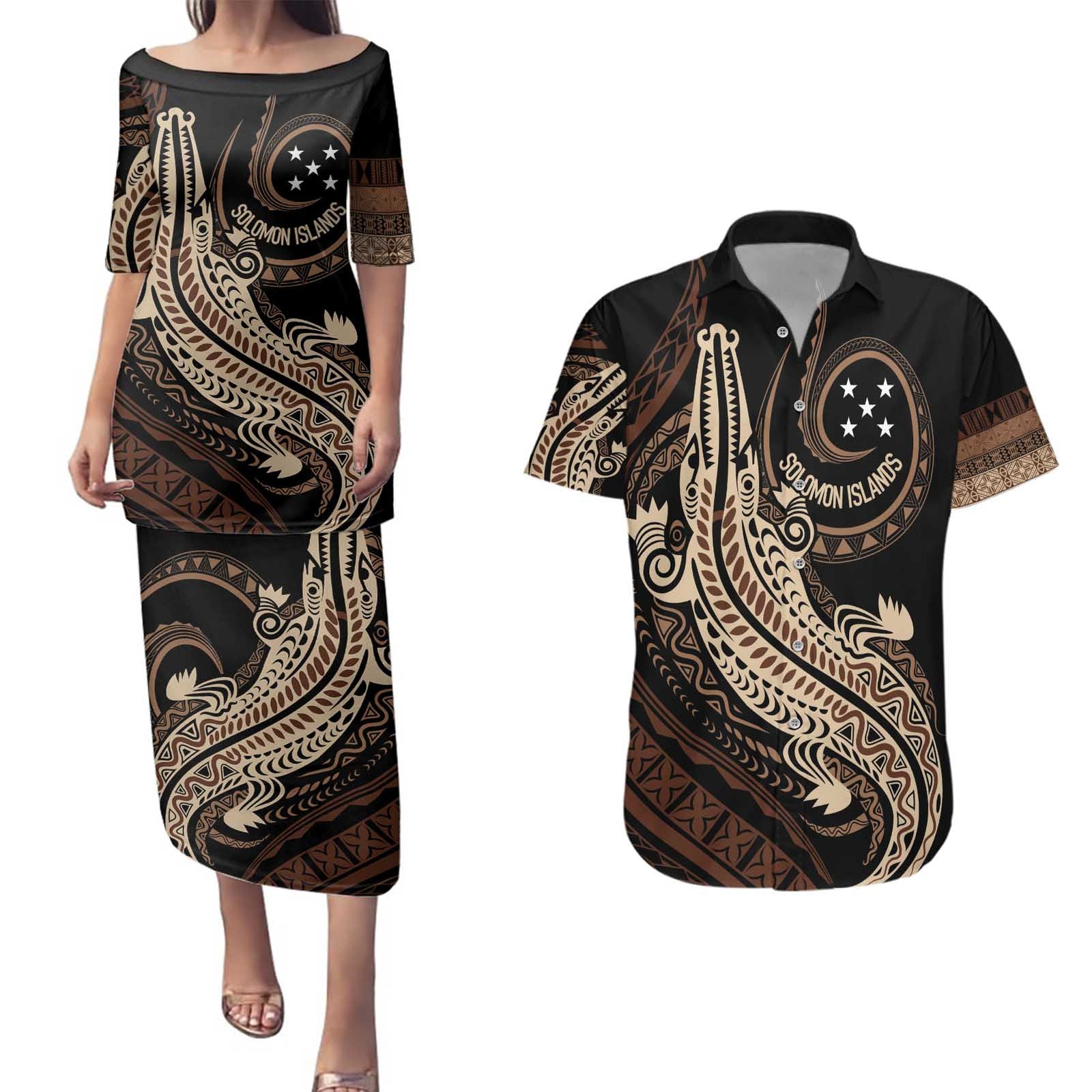 Personalized Solomon Islands Crocodile Couples Matching Puletasi and Hawaiian Shirt Hapi Isles - Independence Anniversary