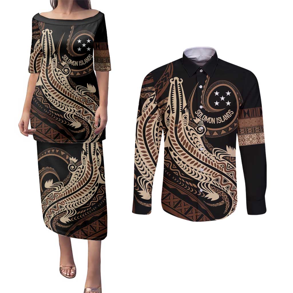 Personalized Solomon Islands Crocodile Couples Matching Puletasi and Long Sleeve Button Shirt Hapi Isles - Independence Anniversary