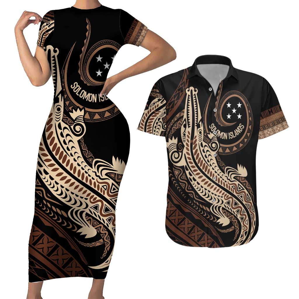 Personalized Solomon Islands Crocodile Couples Matching Short Sleeve Bodycon Dress and Hawaiian Shirt Hapi Isles - Independence Anniversary