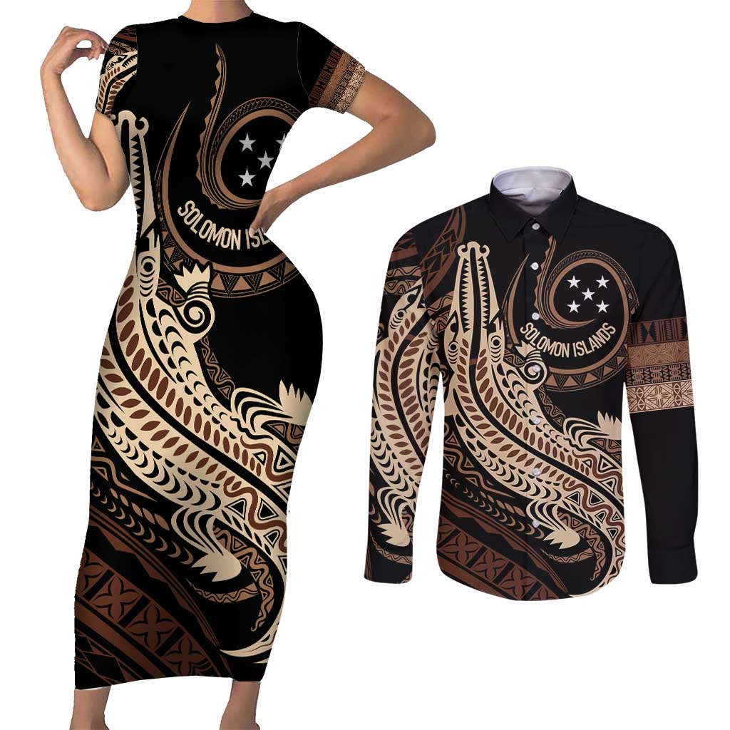 Personalized Solomon Islands Crocodile Couples Matching Short Sleeve Bodycon Dress and Long Sleeve Button Shirt Hapi Isles - Independence Anniversary