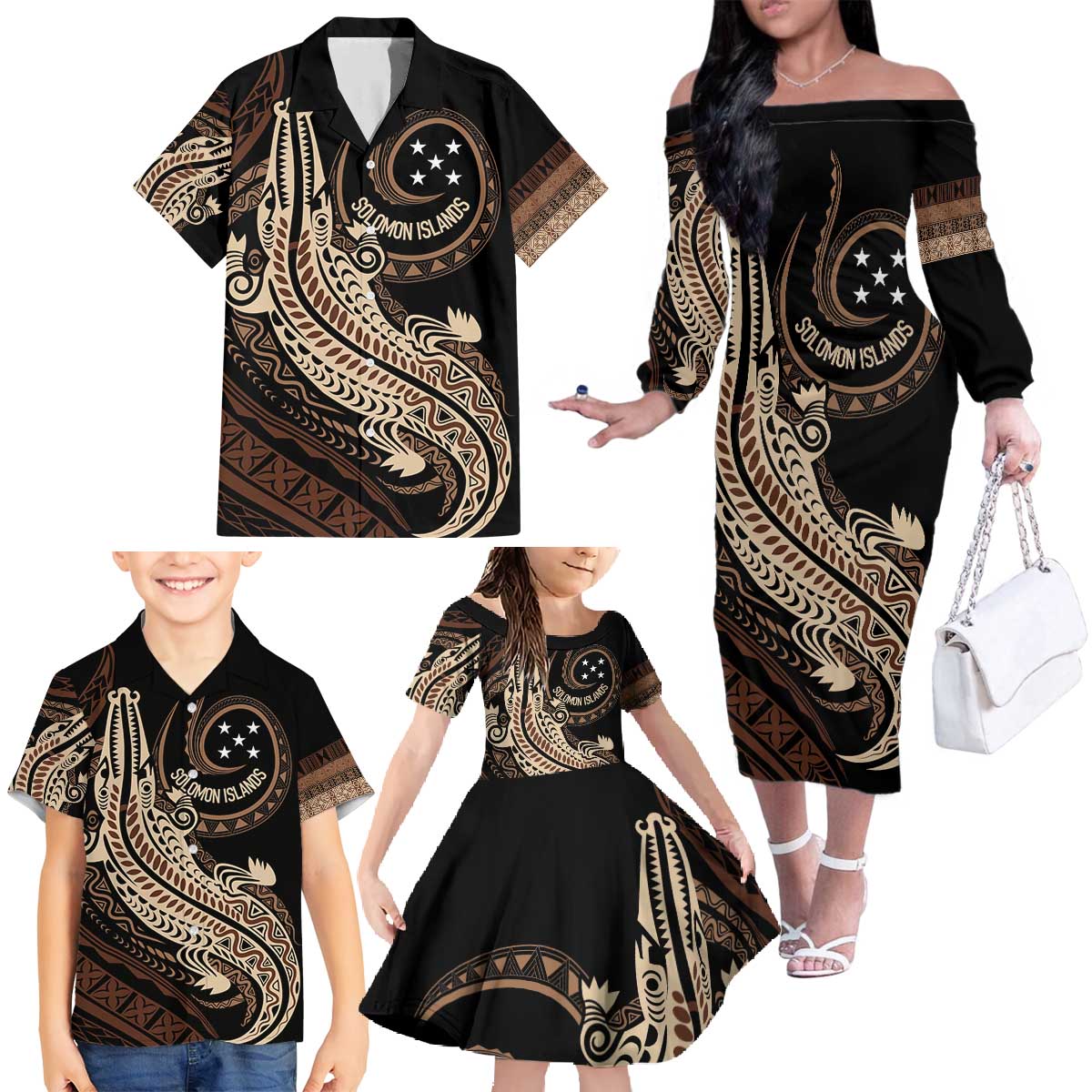 Personalized Solomon Islands Crocodile Family Matching Off The Shoulder Long Sleeve Dress and Hawaiian Shirt Hapi Isles - Independence Anniversary