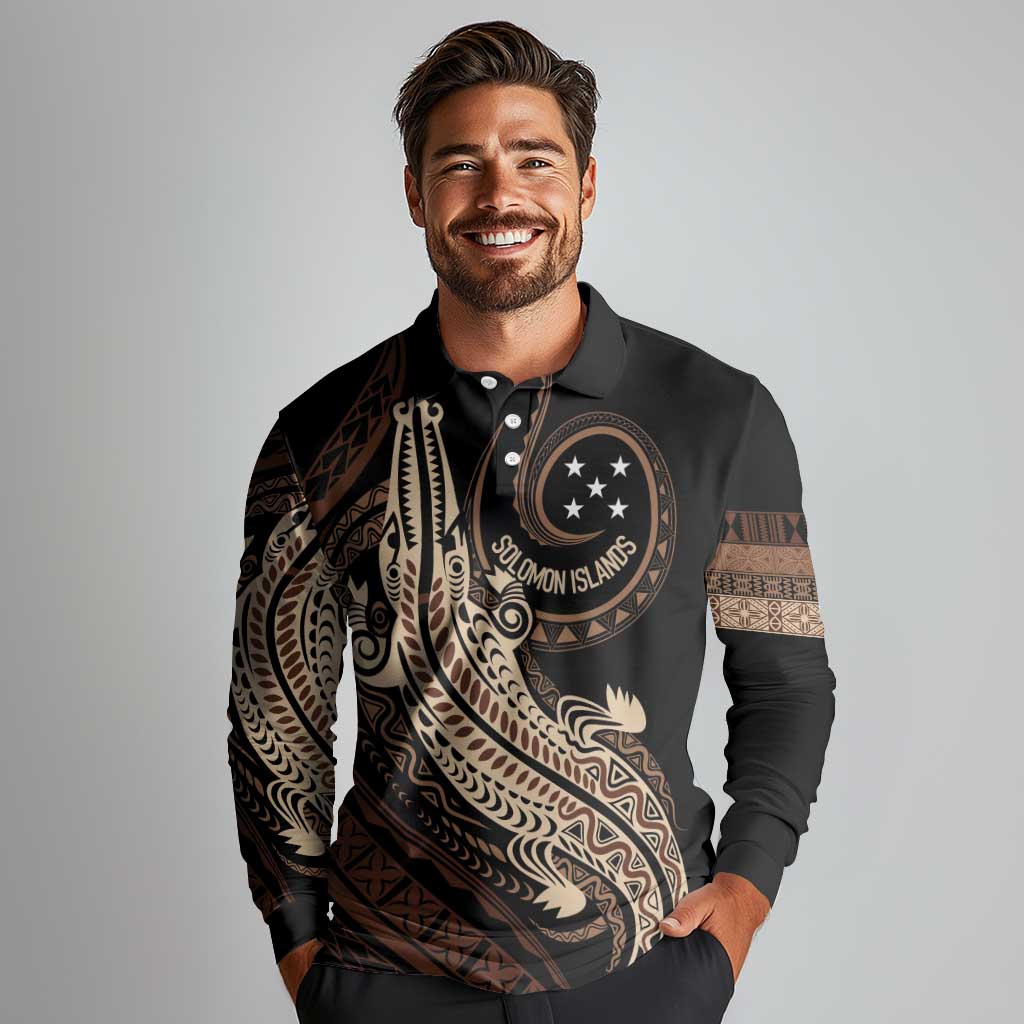 Personalized Solomon Islands Crocodile Long Sleeve Polo Shirt Hapi Isles - Independence Anniversary