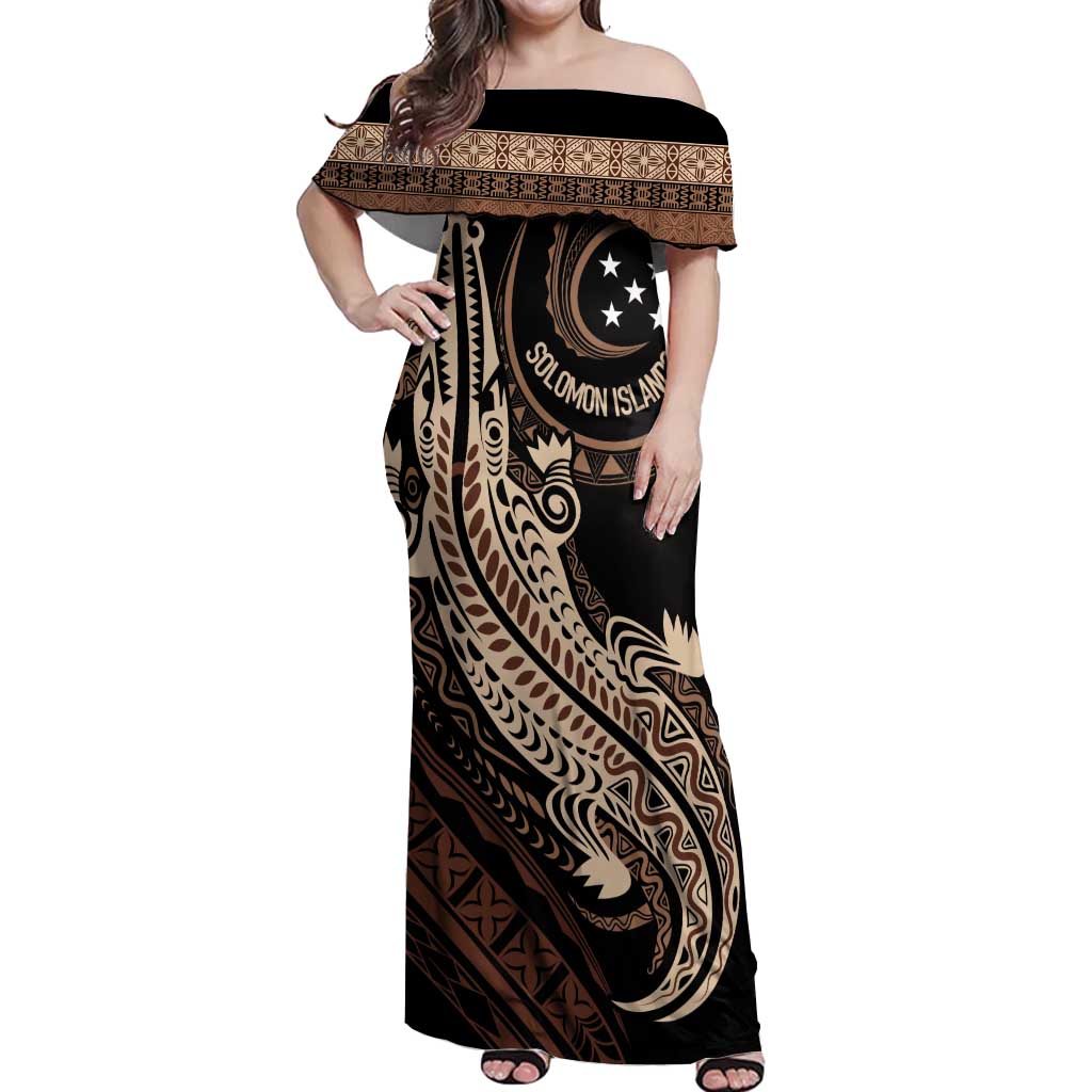 Personalized Solomon Islands Crocodile Off Shoulder Maxi Dress Hapi Isles - Independence Anniversary
