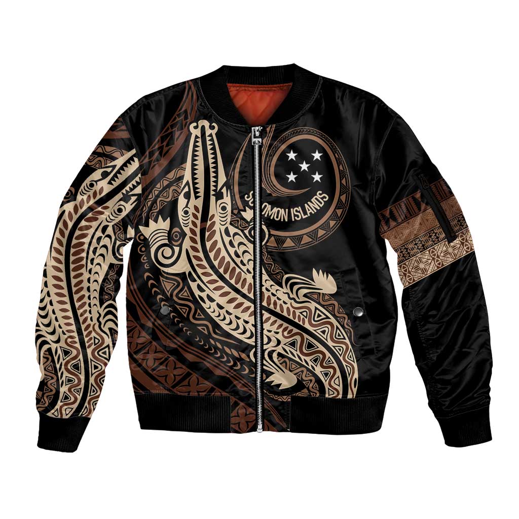 Personalized Solomon Islands Crocodile Sleeve Zip Bomber Jacket Hapi Isles - Independence Anniversary
