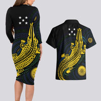 Personalized Solomon Islands Independence Anniversary Couples Matching Long Sleeve Bodycon Dress and Hawaiian Shirt Crocodile Mix Tapa