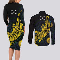 Personalized Solomon Islands Independence Anniversary Couples Matching Long Sleeve Bodycon Dress and Long Sleeve Button Shirt Crocodile Mix Tapa