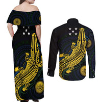 Personalized Solomon Islands Independence Anniversary Couples Matching Off Shoulder Maxi Dress and Long Sleeve Button Shirt Crocodile Mix Tapa