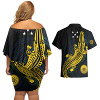 Personalized Solomon Islands Independence Anniversary Couples Matching Off Shoulder Short Dress and Hawaiian Shirt Crocodile Mix Tapa
