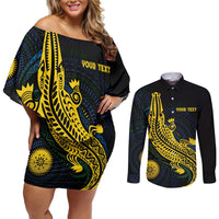 Personalized Solomon Islands Independence Anniversary Couples Matching Off Shoulder Short Dress and Long Sleeve Button Shirt Crocodile Mix Tapa