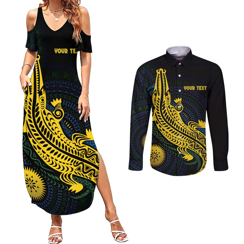 Personalized Solomon Islands Independence Anniversary Couples Matching Summer Maxi Dress and Long Sleeve Button Shirt Crocodile Mix Tapa