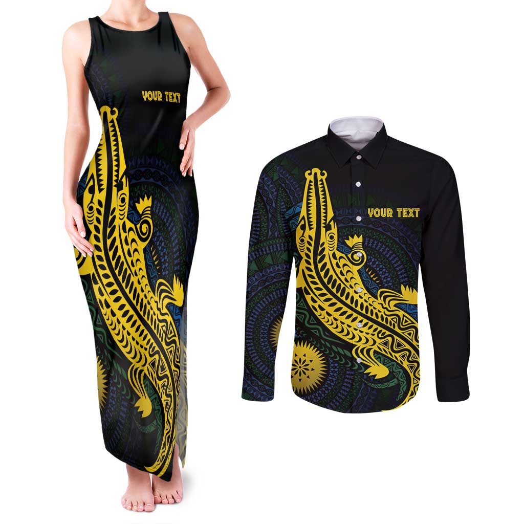 Personalized Solomon Islands Independence Anniversary Couples Matching Tank Maxi Dress and Long Sleeve Button Shirt Crocodile Mix Tapa
