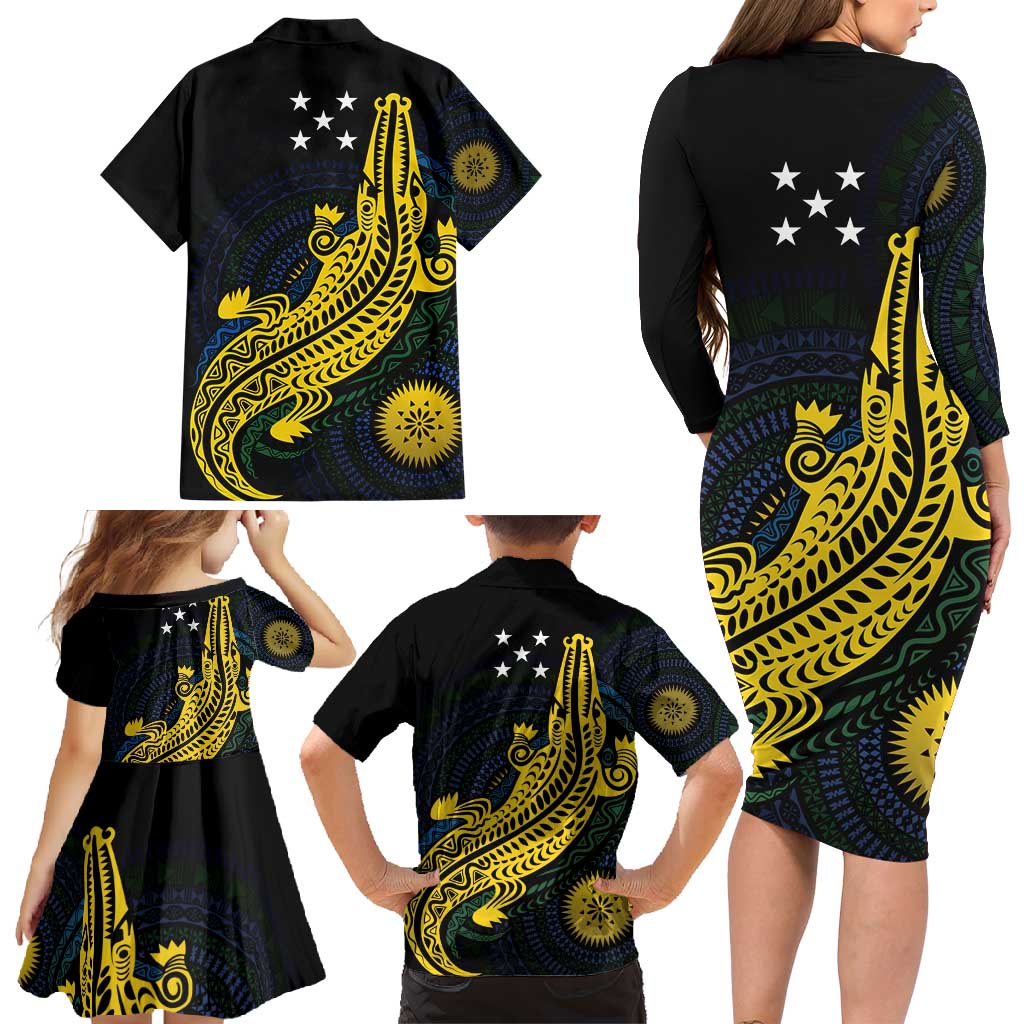 Personalized Solomon Islands Independence Anniversary Family Matching Long Sleeve Bodycon Dress and Hawaiian Shirt Crocodile Mix Tapa